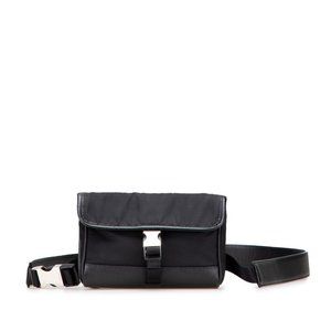 Prada logo waist bag in black nylon and leather for women.